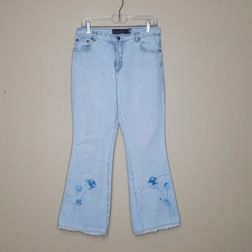 Impacto 100% Cotton Boot Cut Floral Embroidered Jeans Size 42 Hippie Y2K Frayed